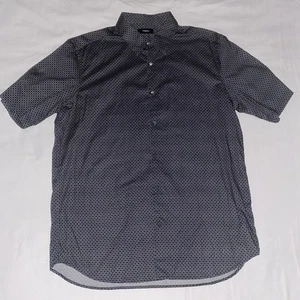 Theory Mens Button Down Short Sleeve Diamon Print Shirt Large Black Blue - Picture 1 of 7