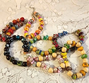 Murano Style Glass Bead Bracelets Set Of 7  925 Sterling Silver 7 & 8 Inches  Mu - Picture 1 of 16