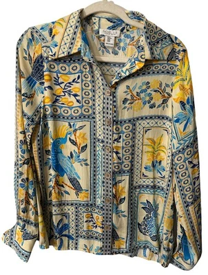 Rachel Zoe Button-Up Shirt Bird Pineapple Floral Beach Long Sleeve M NWOT - Image 1 of 3