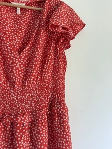 Rebecca Taylor Red Floral Smocked Waist Midi Dress L 100% Cotton Ruffle Sleeve - Picture 1 of 4
