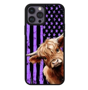Cute Highland Cow Purple Flag Phone Case Durable Shockproof Protective - Picture 1 of 9