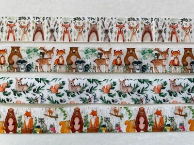 Woodland Forest Animals Grosgrain ribbon 7/8" bear deer raccoon squirrel rabbit - Image 1 of 2