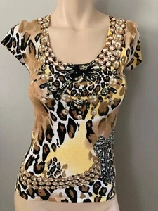 Cache Short Sleeve top mix print rhinestone sweater Size M - Imagen 1 de 8