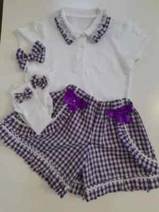 GIRLS SCHOOL UNIFORM GINGHAM 2-14 YEARS SHORTS POLO SHIRT SOCKS BOW PURPLE - Picture 1 of 1