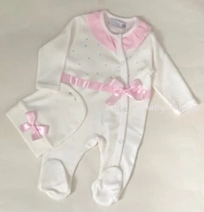 Baby Girls Babygrow & Hat Outfit Ivory/Pink Bow & Diamante Spanish Style 6-9M - Picture 1 of 3