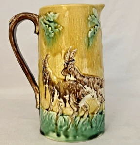 MAJOLICA HANDLED PITCHER WITH GOATS CA.1880....MINT! GREAT COLORS! - Picture 1 of 8