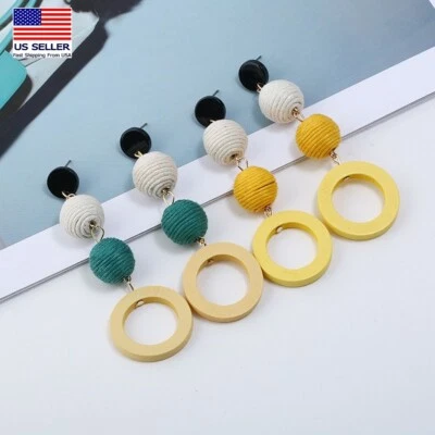 Woman Earrings Studs Boho Weave Ball Hollow Wood Circle Handmade Tassel 0121 - Image 1 of 4
