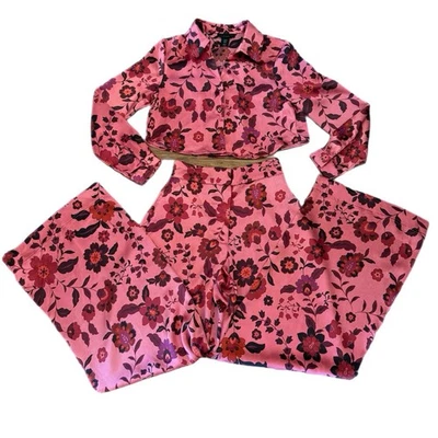 House of Harlow XS 1960 Rosa Floral Satinado Cintura Alta Pierna Ancha Top/Pantalón BOHO Foto 1 de 4