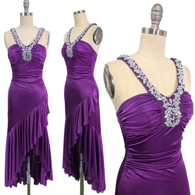 Vestido De Colección Y2K Baile de graduación XXS Púrpura Acanalado Drapeado Asimétrico Estrás Elastizado Años 90 Foto 1 de 4