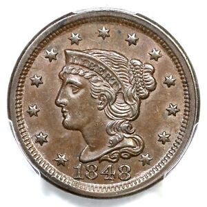 1848 N-13b PCGS MS62BN Braided Hair Large Cent Coin 1c