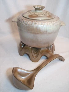 Vintage FRANKOMA Casserole w/Lid, Warmer Stand & Ladle Mayan Aztec Desert Gold - Picture 1 of 23