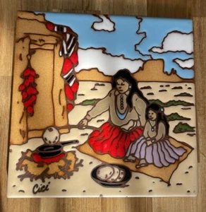 VINTAGE 1990 EARTHTONES Tile Trivet Southwestern Mother Daughter Cooking USA - Picture 1 of 3