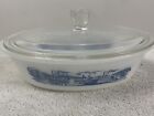Glasbake Currier And Ives 1 Quart Oval Steamboat Scene Blue And White W/Lid