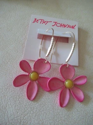 NWT Betsey Johnson Pink Flower Drop Earrings/Yellow Centers, Pave Stones/ Hooks - Image 1 of 4