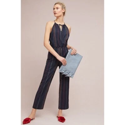 NWT!! Anthropologie DOLAN Rainbow Striped Halter Jumpsuit Embroidered Navy Blue - Image 1 of 4