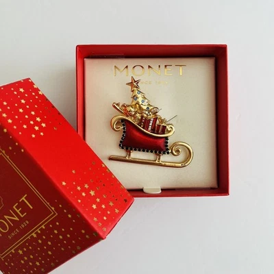 Broche prendedor de resina y diamantes de imitación trineo de Navidad Monet en caja Foto 1 de 4