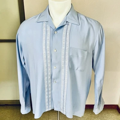 1950s Vintage Pilgrim Light Blue Shirt With Lace Panels L - Image 1 of 4