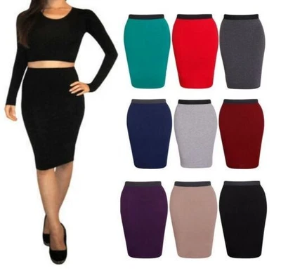 LADIES PLAIN OFFICE WOMEN'S STRETCH BODYCON MIDI PENCIL SKIRT PLUS SIZE 6-22 - Image 1 of 4
