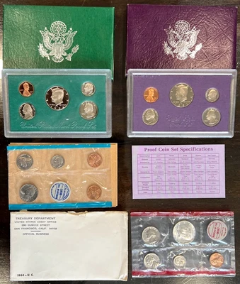 FOUR (4) US PROOF 5-COIN MINT SETS COLLECTION 1968-1994 SEALED w/PACKAGING - Image 1 of 2