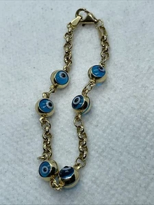 CUTE Solid 14K(585) Yellow Gold EVIL EYE Chain Link BABY Bracelet 5” length 2.6g - Picture 1 of 15