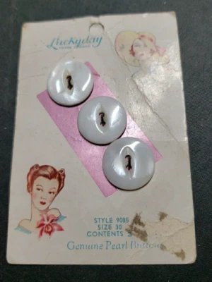 Luckyday Genuine Pearl Buttons 3 on Card  Vintage Sewing Crafts - Image 1 of 3