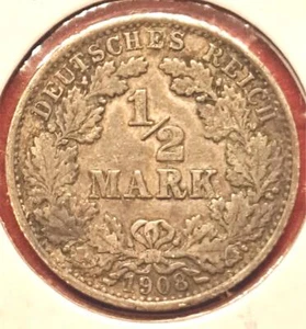 1908 Germany 1/2 Mark – Deutsches Reich – 90% Silver – VG– FREE SHIP (9.19) - Picture 1 of 2