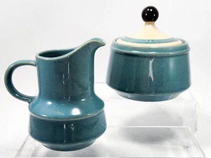 DAMAGED Fashion Manor Anemone Creamer Sugar Bowl 4.5in Tan Turquoise Stoneware - Picture 1 of 18