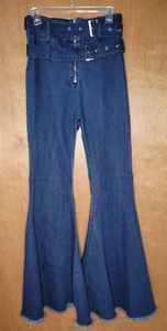 Banjul Bell Bottom Blue Jean Frayed Raw Hem Extreme Flare Belted Medium - Picture 1 of 14
