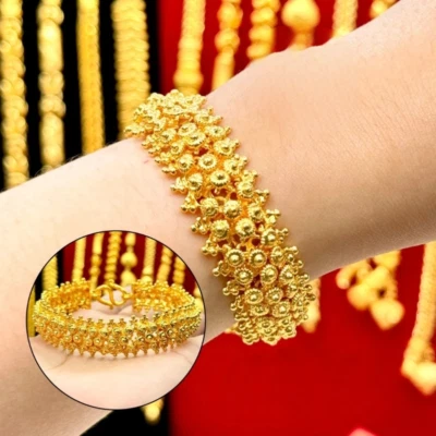 ฺBig Flower Chain Bracelet 24K Bangle Pikun Thai Baht Yellow Gold Handmade Gift - Image 1 of 4