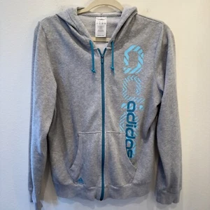 Adidas Women’s Hood Size Small Gray Blue Full Zip Fleece Sweatshirt Drawstring - Picture 1 of 13