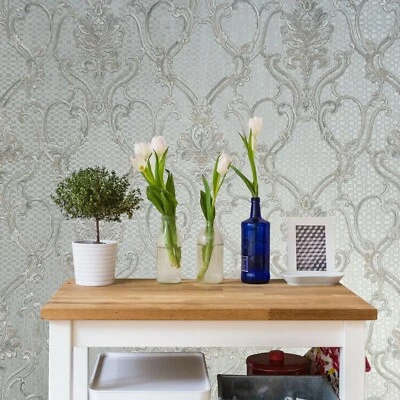 Papel de parede damasco floral vitoriano em relevo prata cinza bronze metálico damasco 3D - Imagem 1 de 4