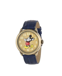 Disney Woman #MCKAQ1317S Micky Mouse Gold Tone Case Blue PU Leather Strap Watch - Picture 1 of 4