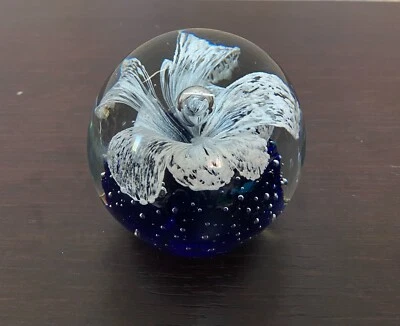 Paperweight Cobalt Blue Hand Blown Glass Bottom with White Flower - Image 1 of 4