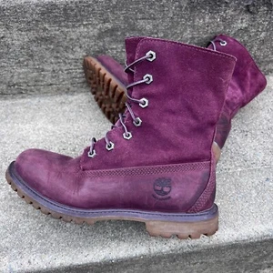 Timberland Womens Sz 7 JAYNE TEDDY Fleece Burgundy Fold-Down Grey Boots Suede - Picture 1 of 8