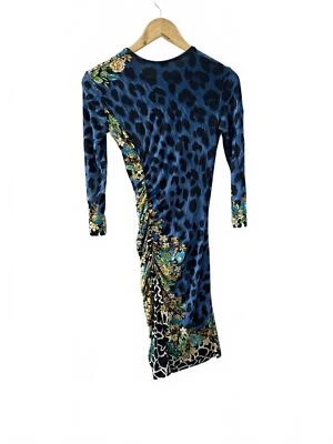 Vestido Vintage Versace Azul Floral Estampado Leopardo - Talla Pequeña Foto 1 de 4