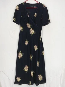 Liz Claiborne Womens 6 Maxi Dress Black Purple Floral Faux Wrap Top Retro Y2K - Picture 1 of 9