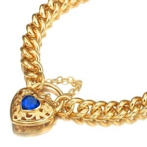 24K GL Solid Curb Yellow Gold Bracelet Filigree Heart Padlock Sapphire Blue Gem - Picture 1 of 4