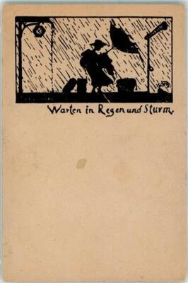 39415892 - Frau Regenschirm Warten in Regen und Sturm Wohlfahrtskarte - Bild 1 von 2