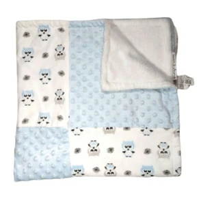 Blankets & Beyond Blue OWL Patchwork White Blanket Lovey Raised Minky Dots Baby - Picture 1 of 5