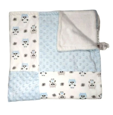 Blankets & Beyond Blue OWL Patchwork White Blanket Lovey Raised Minky Dots Baby - Image 1 of 4
