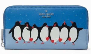 Kate Spade große kontinentale Geldbörse blau Pinguine umlaufender Reißverschluss K4767 239 $ UVP F - Bild 1 von 7