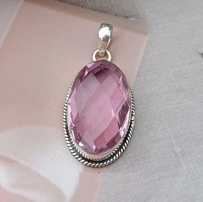 Collar colgante de plata esterlina de cuarzo rosa hecho a mano colgante de aniversario SD54 Foto 1 de 4