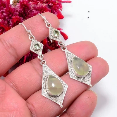 Серьги из стерлингового серебра 925 пробы с пренитом - Южная Африка и зеленым аметистом 2,50 дюйма sku54 - Изображение 1 из 4