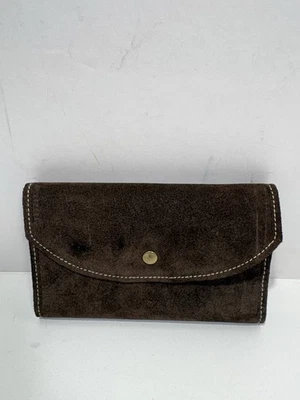 复古支票簿麂皮绒纯皮革钱包信封 Snap 70 年代棕色卡波西米亚 — 第 1/4 张图片