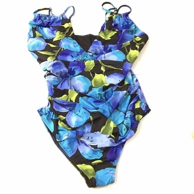 Spiegel Swimsuit Womens Sz 22W Blue Green Black Floral One Piece V-neck VTG - Image 1 of 4