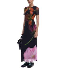 Desigual Floral Print Maxi Dress Mesh Dress Women Black Dresses - Picture 1 of 4