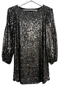 Aqua Dress Womens Medium Black Silver Sequin Long Sleeve Mini Party Holiday Glam - Picture 1 of 9