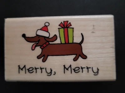 HAMPTON ART Feliz Perro Sello de Montaje en Madera Ellen Krans Navidad Dachshund Foto 1 de 2