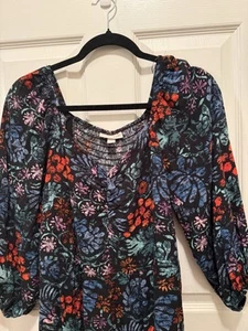 Knox Rose Jumpsuit Women Med. Black Floral 3/4 Puff Sleeve Wide Leg V Neck Boho - Picture 1 of 9