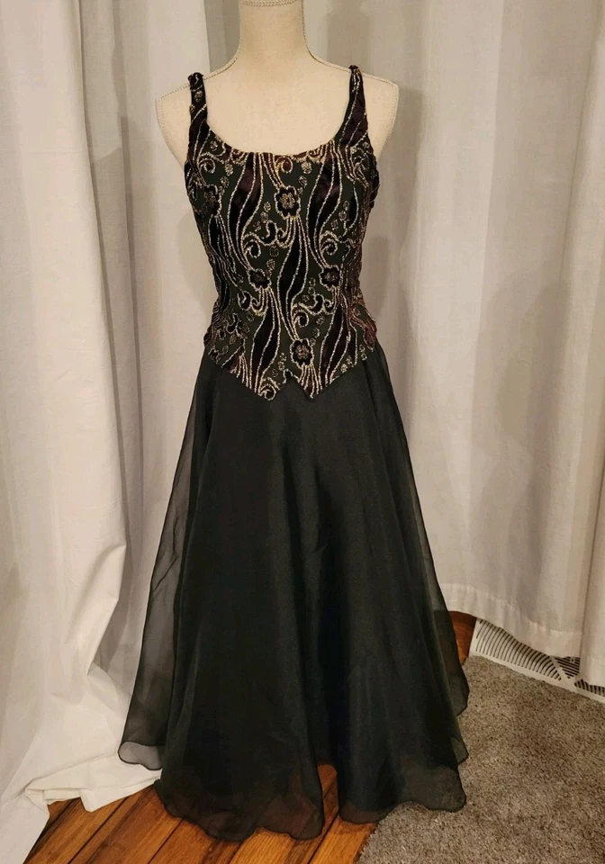 Vestido De Colección Años 90 Baile de graduación M Corsé Gótico Negro Terciopelo Grunge Formal #y2k Vestido Largo Foto 1 de 4